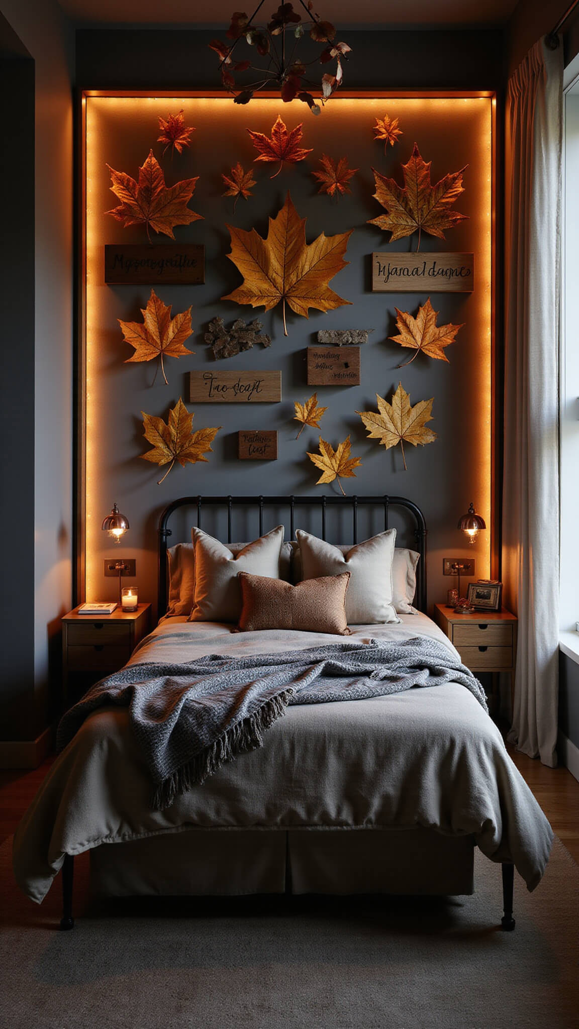 Moody master bedroom at dusk with dramatic fall wall art of preserved maple leaves, copper sculptures, and wooden signs, softly lit by warm LED strips; iron bed with heritage wool blanket and vintage copper mirrors reflecting fairy lights.