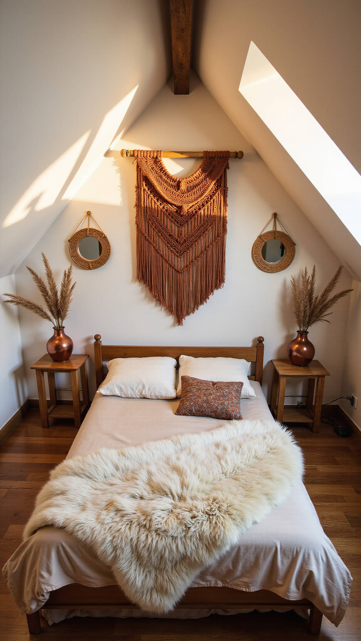 Bird's eye view of a cozy 12x14ft attic bedroom with slanted ceilings, featuring bohemian fall decor, macramé wall hanging, rattan mirrors, sheepskin throw on dark wood floors, and morning golden hour light highlighting textures.