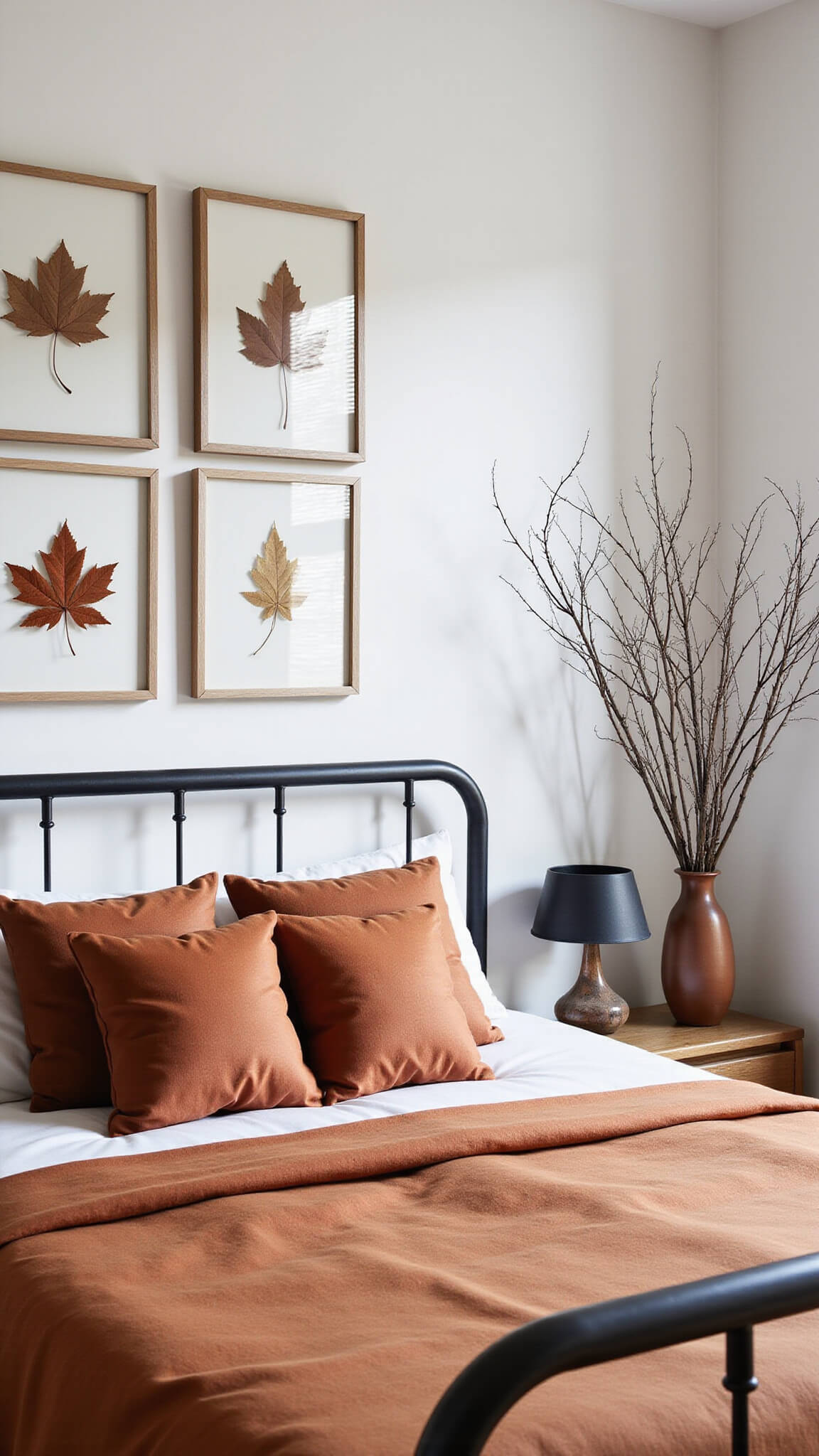 Modern minimalist bedroom with terracotta bedding, geometric gallery wall of pressed leaves, and sculptural branch casting shadows on white walls.