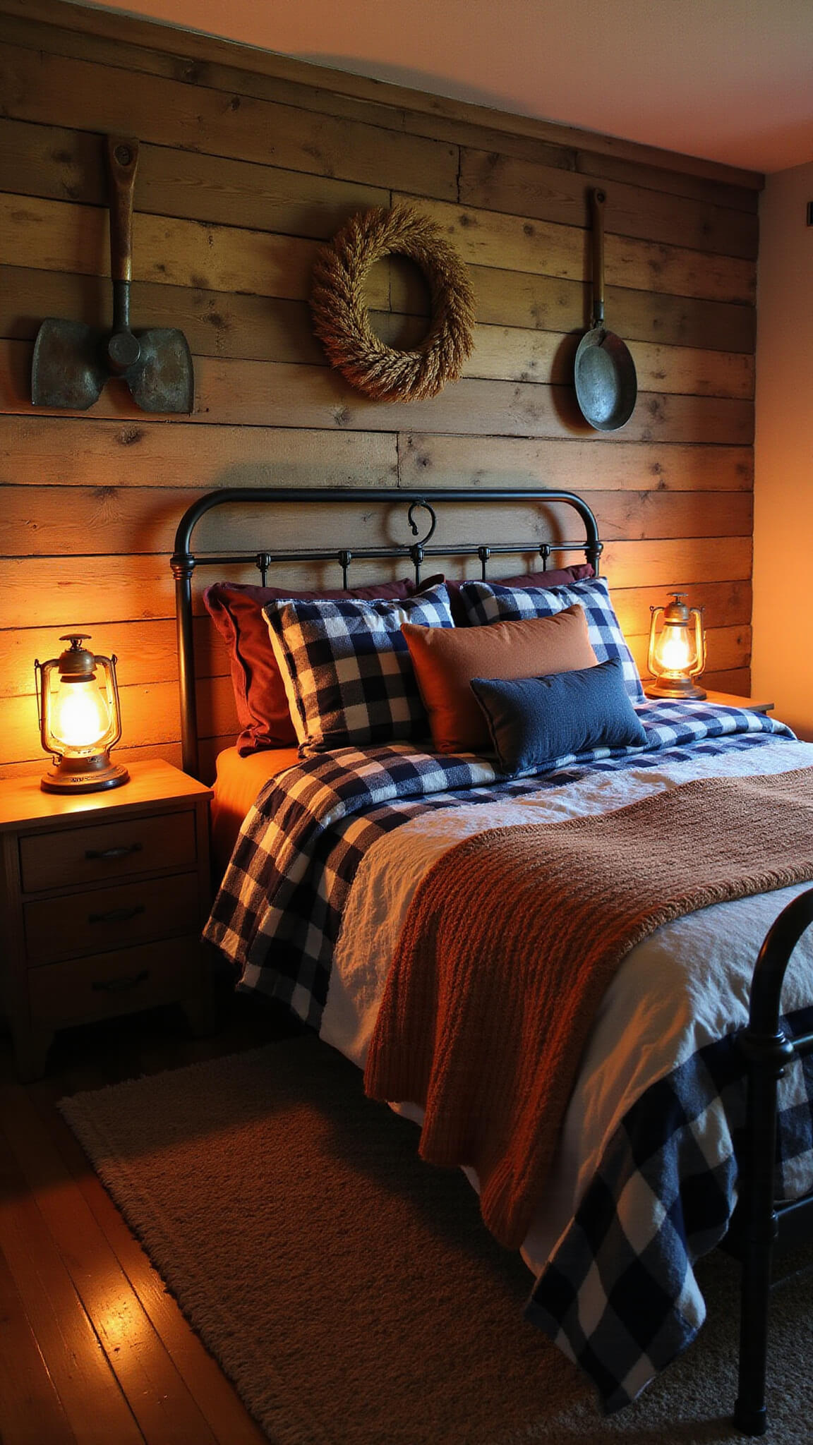 Rustic farmhouse bedroom with reclaimed wood statement wall, vintage copper tools, and wheat wreaths, featuring an iron bed in buffalo check flannel and warm throws, lit by oil lanterns during blue hour.