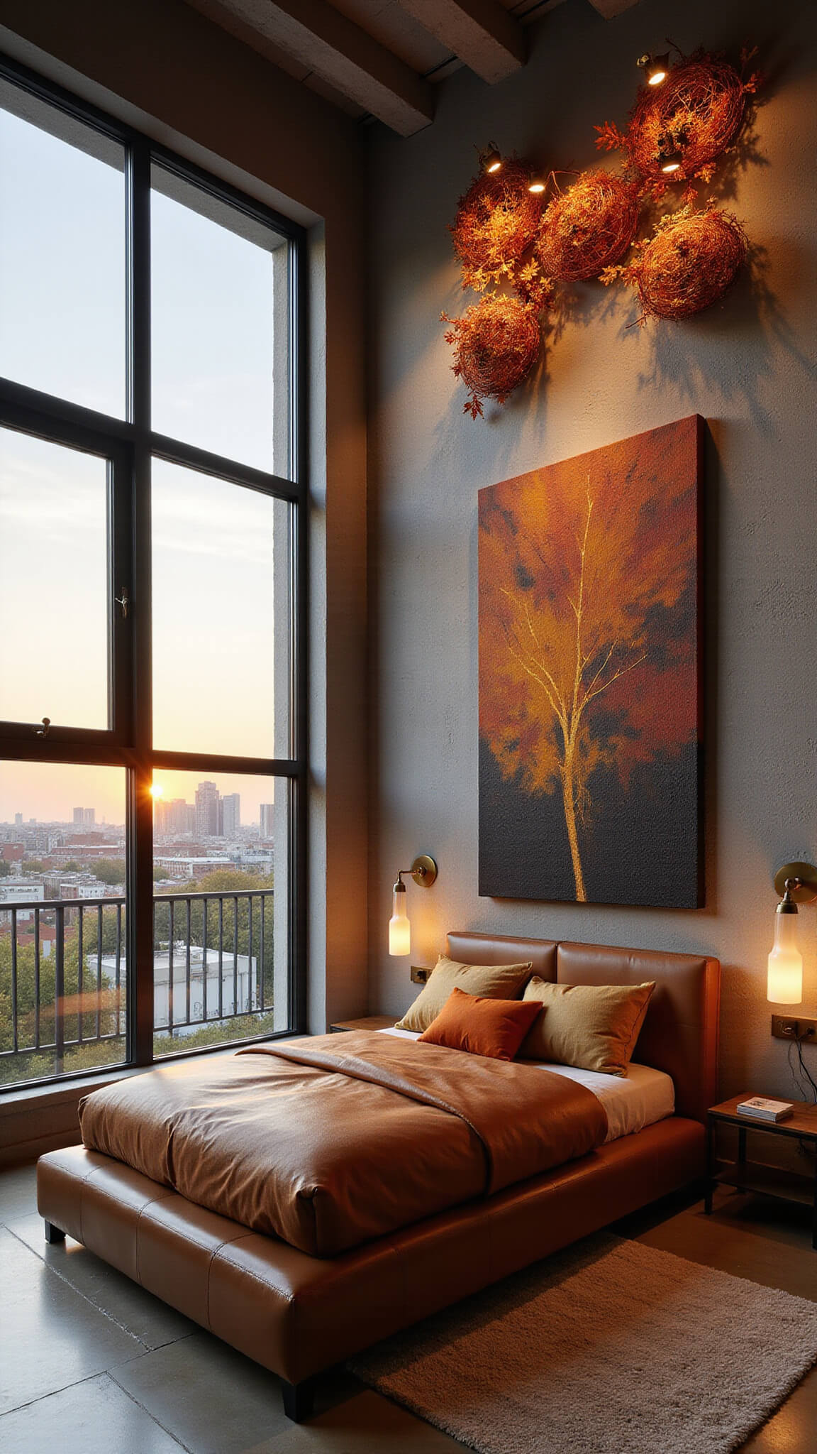 Contemporary loft bedroom at sunset with high ceilings, floor-to-ceiling urban-view windows, autumn-themed wall art, leather platform bed with rust-to-gold pillows, and dramatic brass lighting shadows.