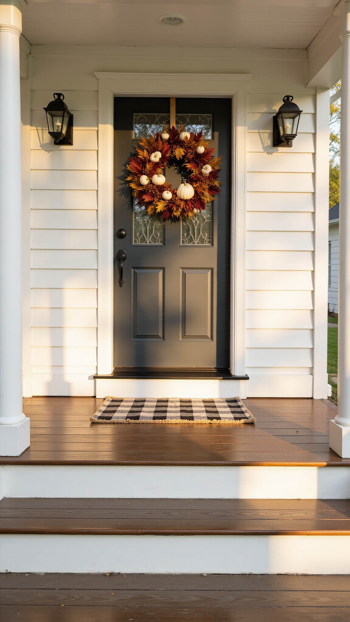 Welcoming autumn front porch at golden hour with wreath of maple leaves, white pumpkins, and bronze berries on a Normandy blue craftsman door, flanked by black lanterns and layered doormats on oak floorboards.
