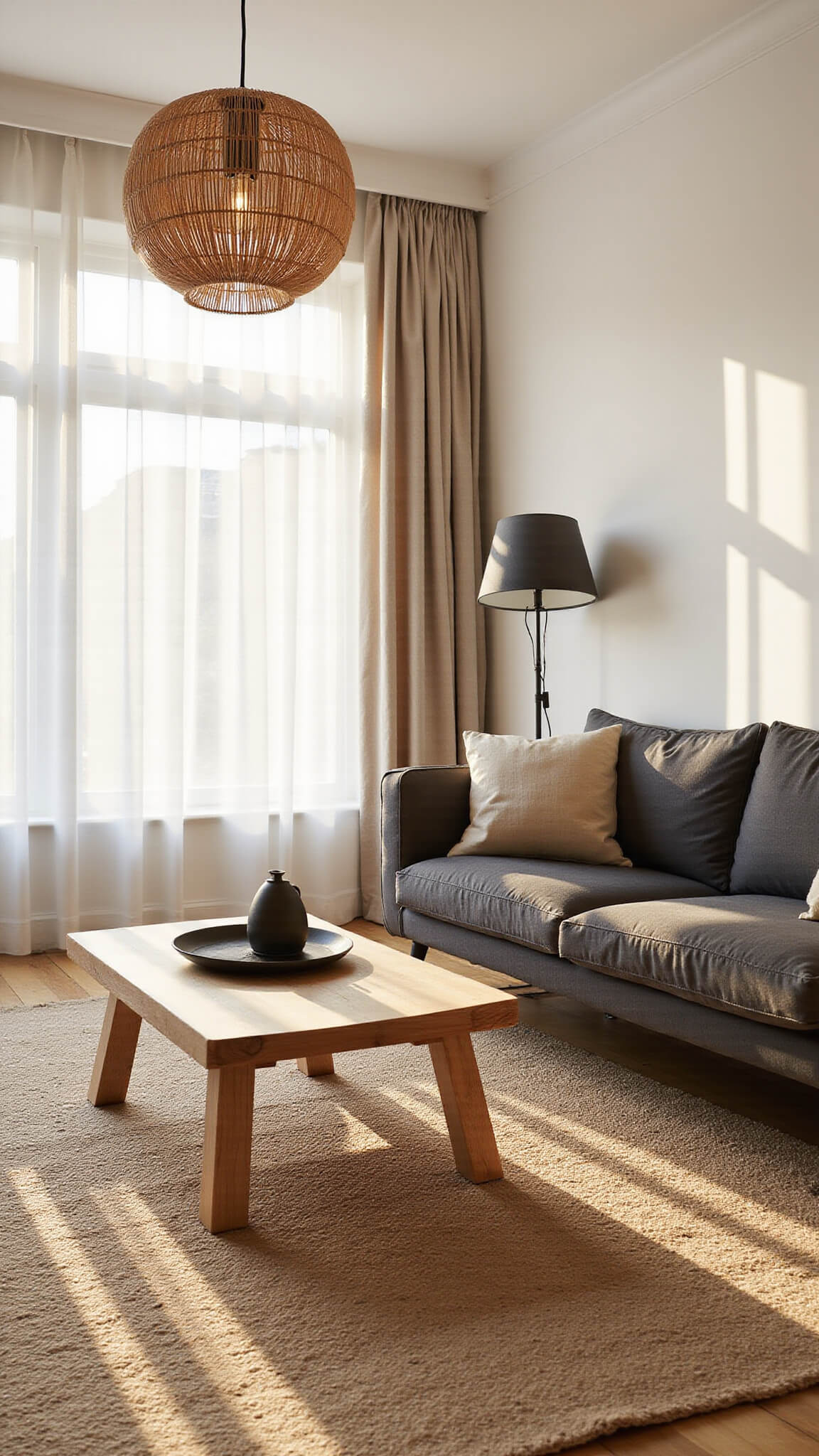 Minimalist 20x24ft living room at golden hour with sunlight through sheer curtains, featuring a charcoal linen sofa, oak coffee table, jute rug, bamboo pendant light, and matte black floor lamp in earthy neutral tones.