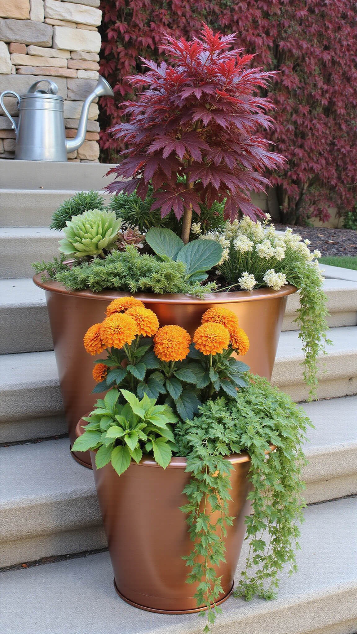 Low-angle view of tiered container garden on limestone steps with copper planters of mums, ornamental cabbage, sweet potato vine, and a red Japanese maple; dewy morning light and scarlet ivy on stone wall backdrop; vintage watering can adds charm.