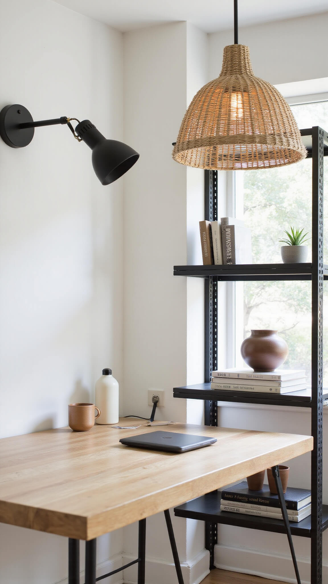 Modern 15x18ft home office with ash wood desk, black metal shelving, and paper pendant light in soft afternoon light, styled in a minimal monochromatic palette.