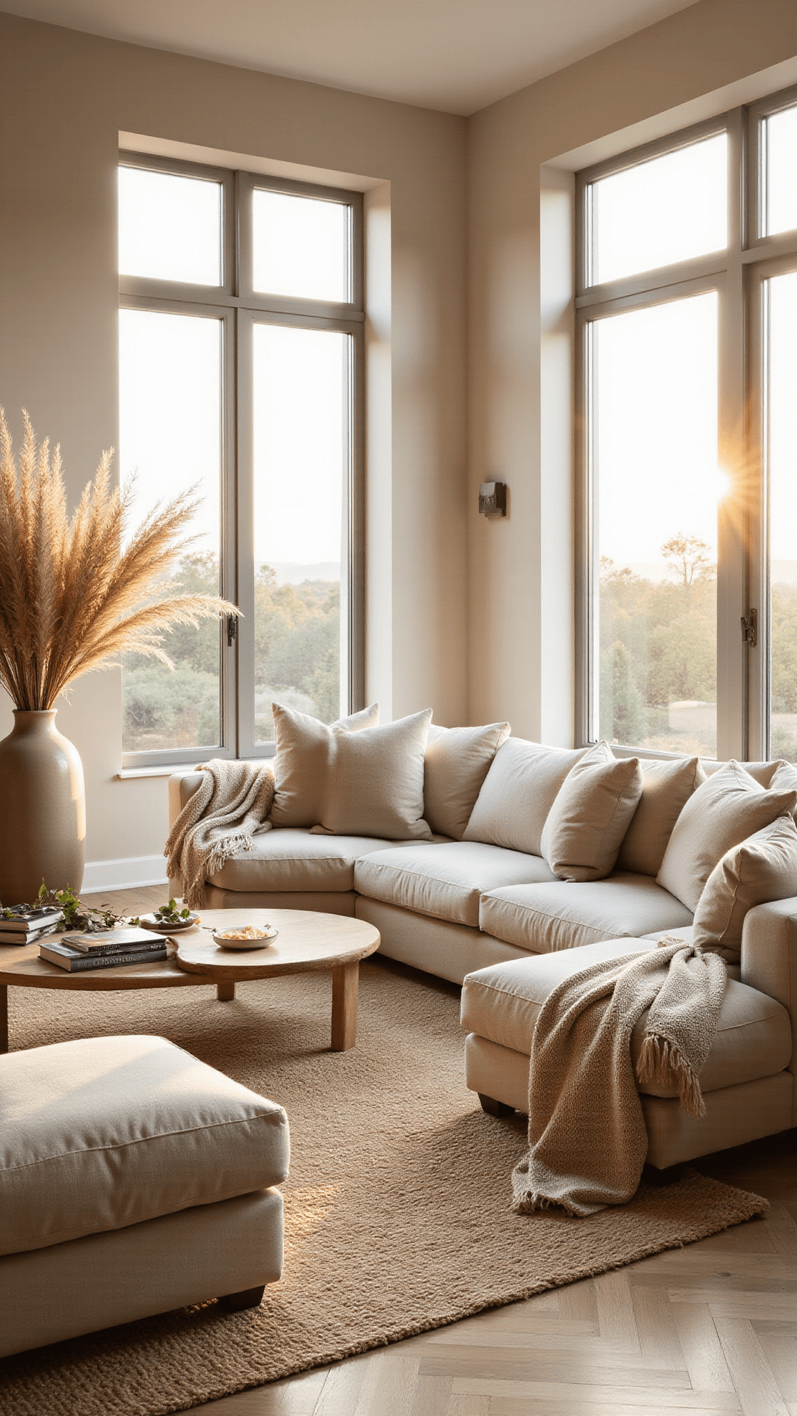 Sunlit modern living room with cream bouclé sectional, jute rug, herringbone floors, and pampas grass in large ceramic vase during golden hour.