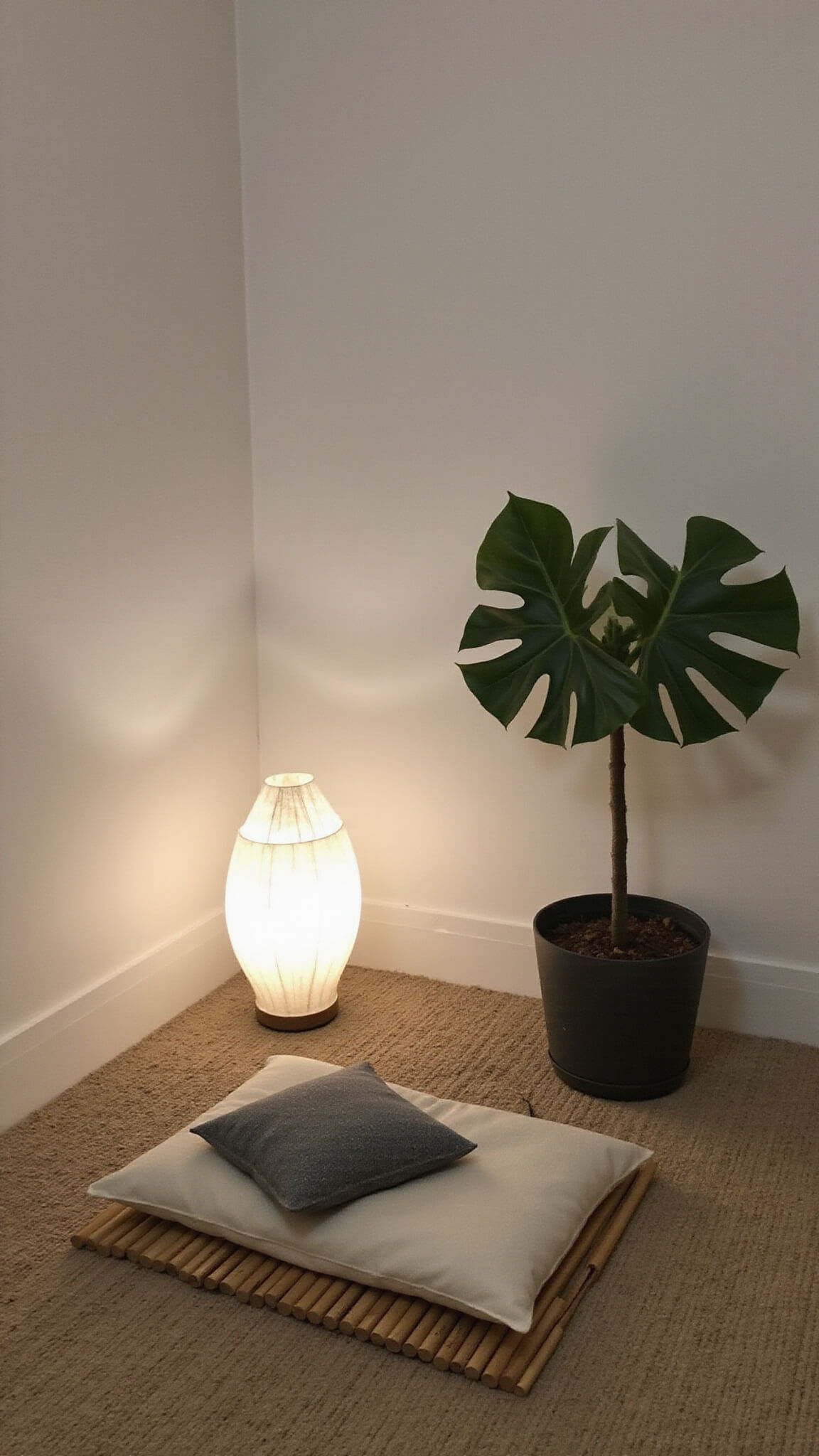 Low-angle view of serene 10x12ft meditation corner at dusk with bamboo platform, cream and granite wool cushions, paper floor lamp, and fiddle leaf fig in muted earth tones.