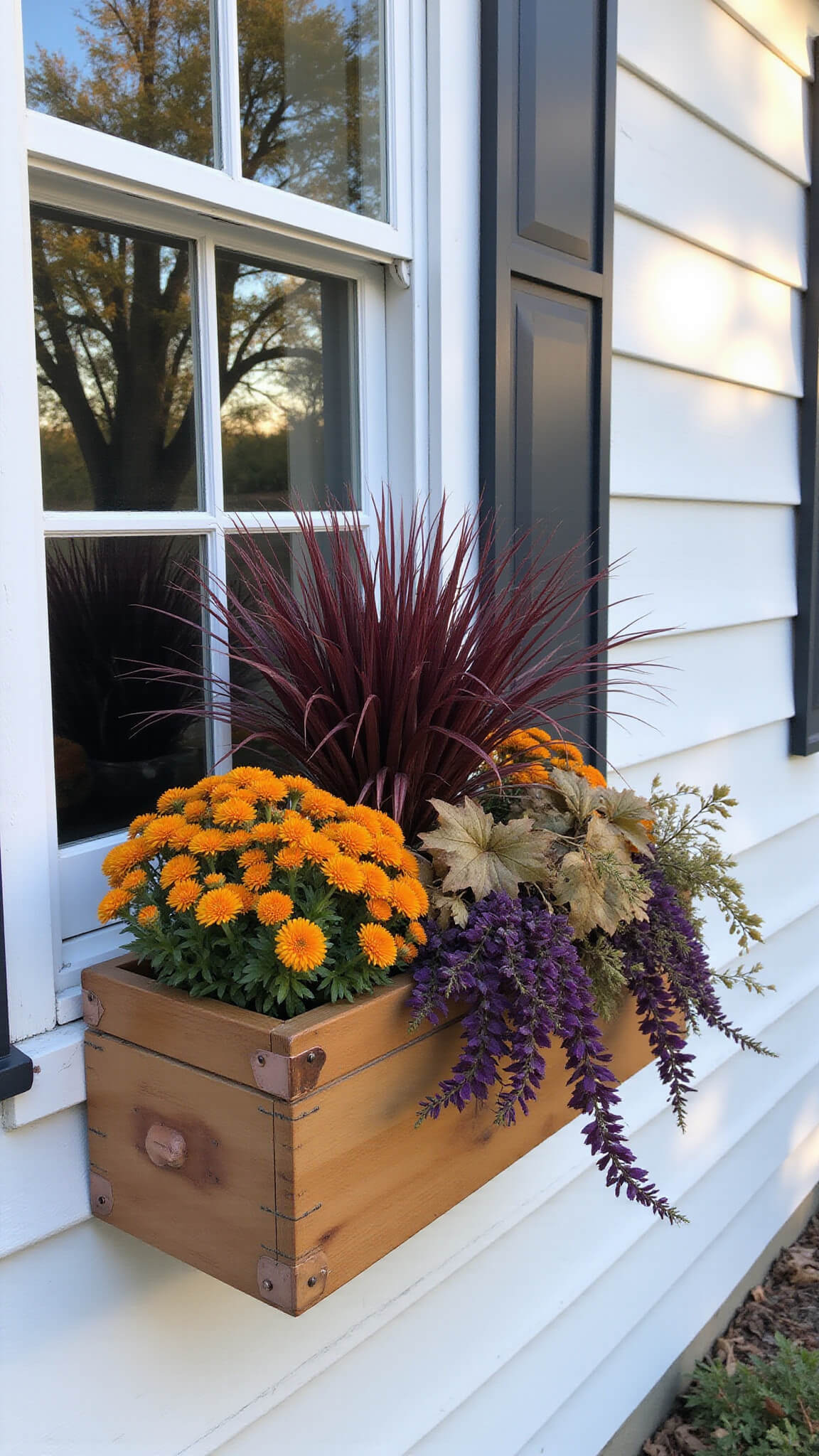 Autumn window box with burgundy fountain grass, orange calendula, purple verbena, and gold lantana in cedar planter on white farmhouse window with frost-lit foliage.