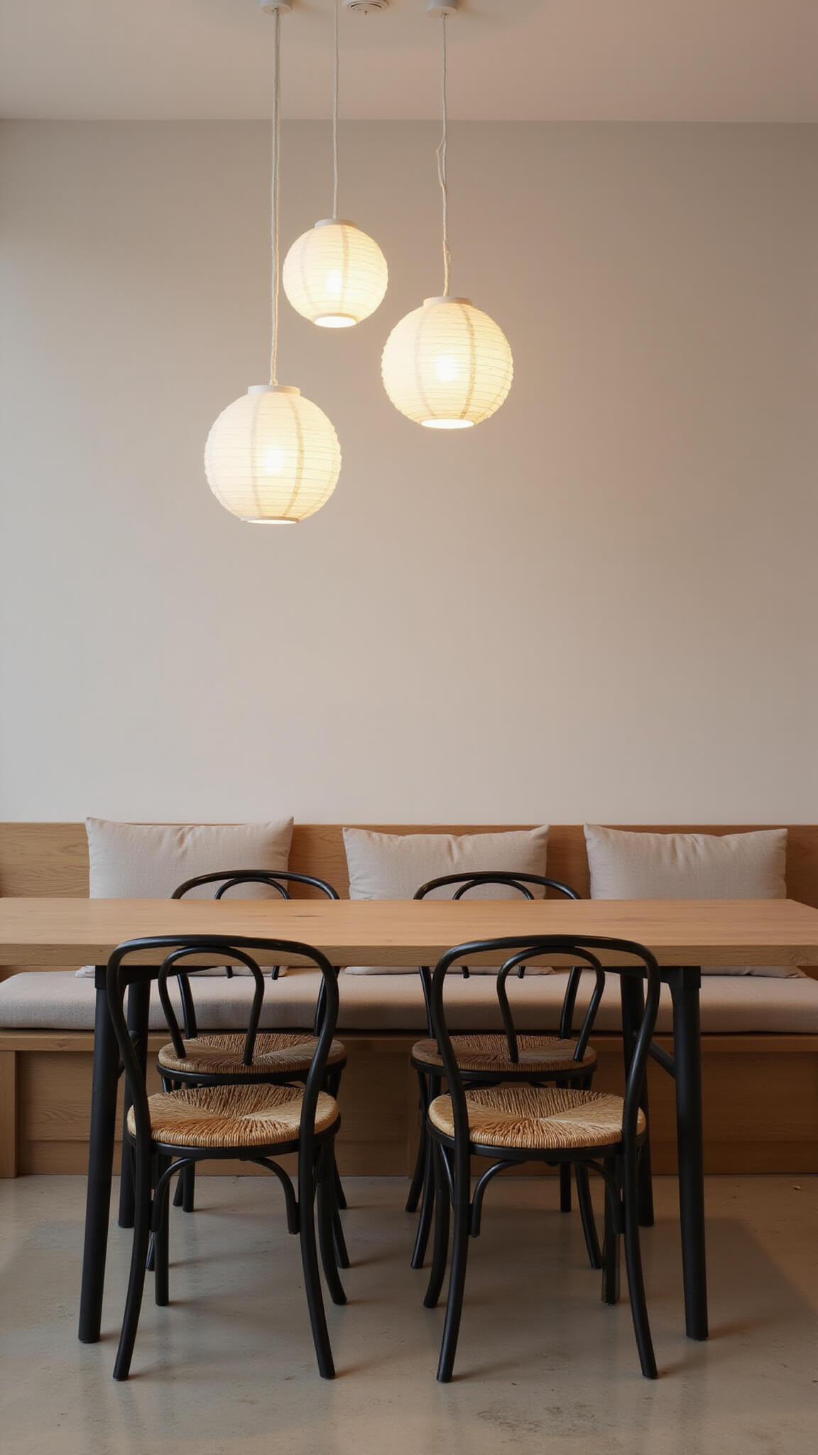 Modern dining room at twilight with oak table, rice paper lanterns, black metal chairs, and built-in bench with neutral cushions.