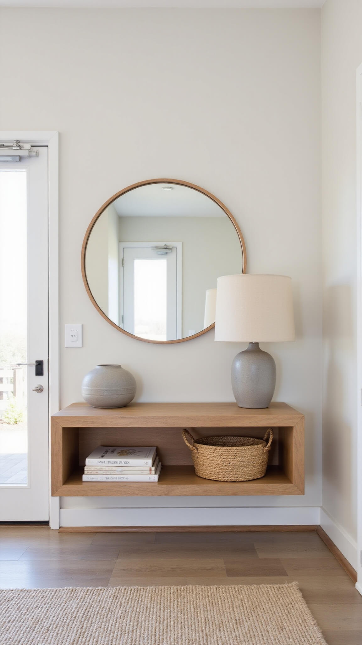 Minimalist 8x10ft entryway with floating oak console, round mirror, ceramic vessel, linen-shaded lamp, and handwoven basket in neutral tones.