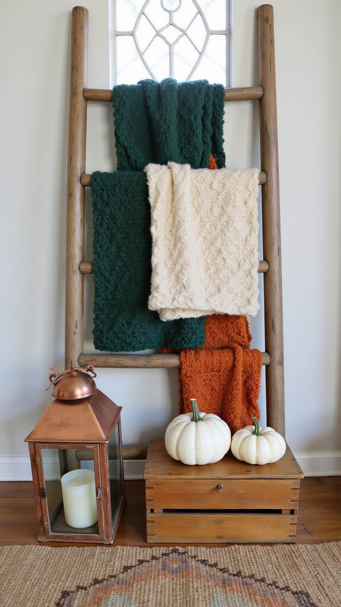 Eye-level view of rustic fall entryway with antique ladder draped in green, orange, and cream throws, stacked vintage apple crates holding white pumpkins and copper lanterns, layered jute and kilim rugs, and prismatic sunlight through leaded glass transom.