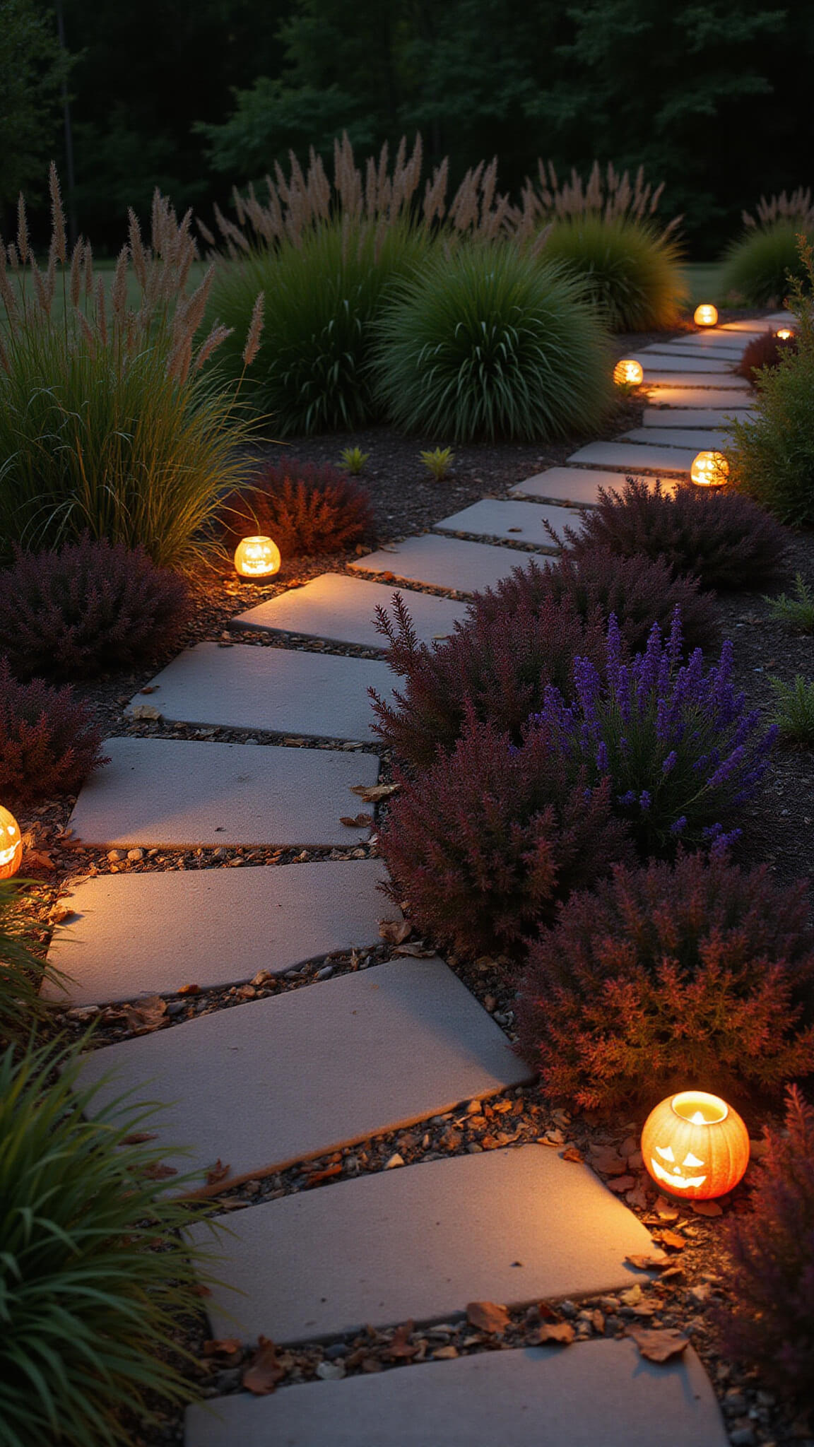 Low-angle dusk view of a garden path lit by copper landscape lights, ceramic jack-o'-lanterns, and lined with maple leaves, with ornamental grasses, sedums, asters, and goldenrod in soft bokeh background.