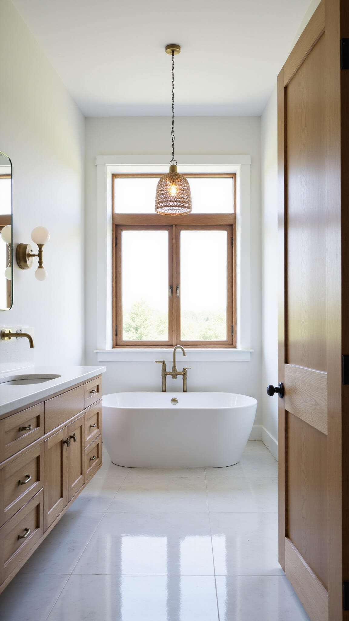 Serene master bathroom with soaking tub by large window, floating oak vanity with brass sconces, and soft pendant lighting, styled in natural spa palette.