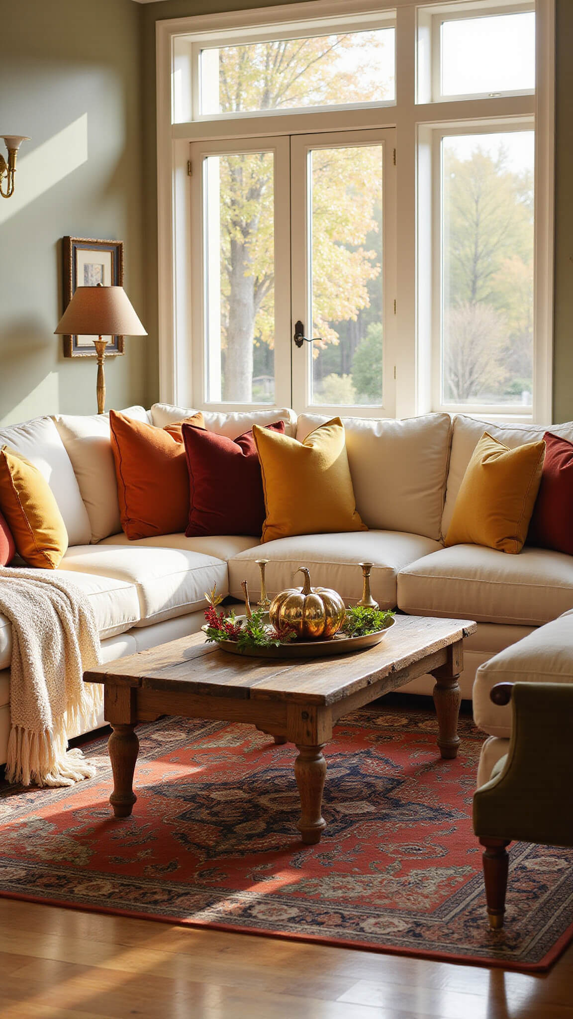 Spacious golden hour living room with cream sectional, autumn pillows, rustic coffee table decor, and warm sunlight streaming through tall windows onto oak floors and a Persian rug.