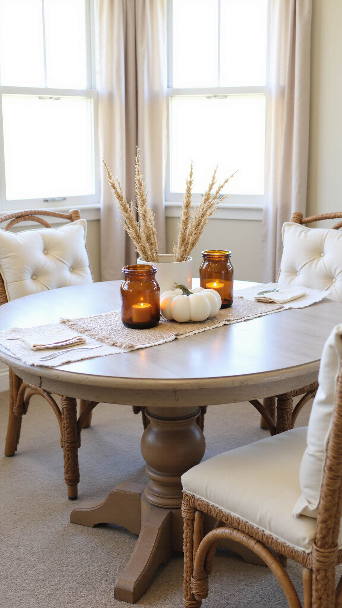 Close-up of a rustic breakfast nook table with white oak pedestal, burlap runner, ceramic pumpkins, dried wheat, and amber votives, bathed in soft morning light through sheer curtains.
