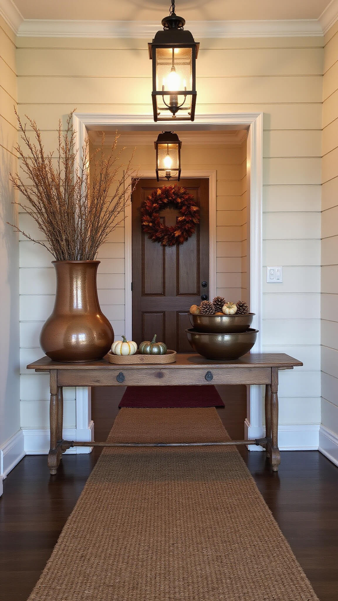 12ft farmhouse entryway at dusk with warm lantern lighting, fall decor on vintage console, burgundy runner, and autumn wreath on dark wooden door.