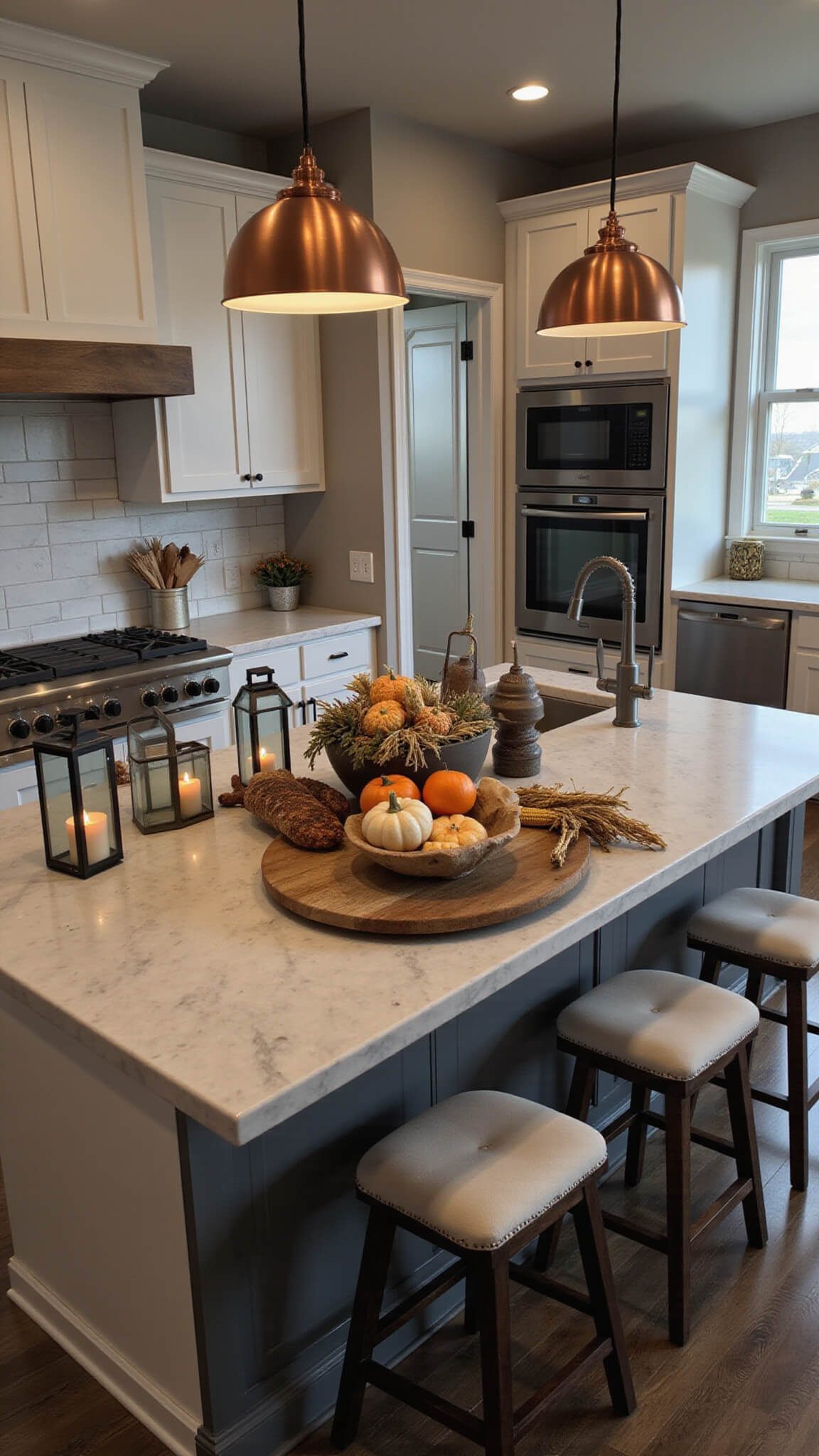 Modern open-concept kitchen at twilight with marble island displaying fall harvest decor, copper pendant lighting, and industrial-rustic design elements.