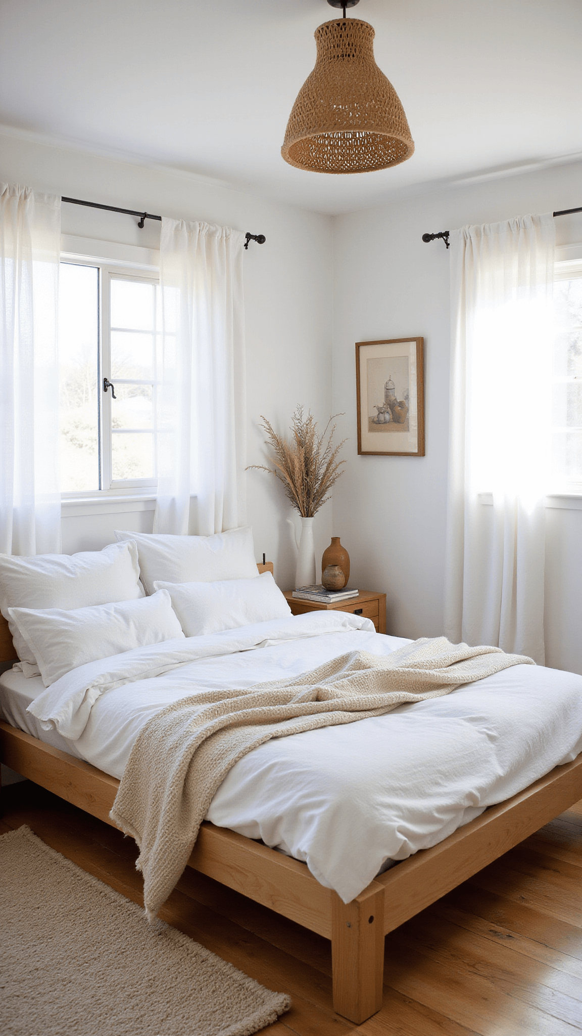 Airy primary bedroom with oak platform bed, rumpled white linen bedding, rattan pendant, vintage rugs, and diffused morning light through sheer curtains.