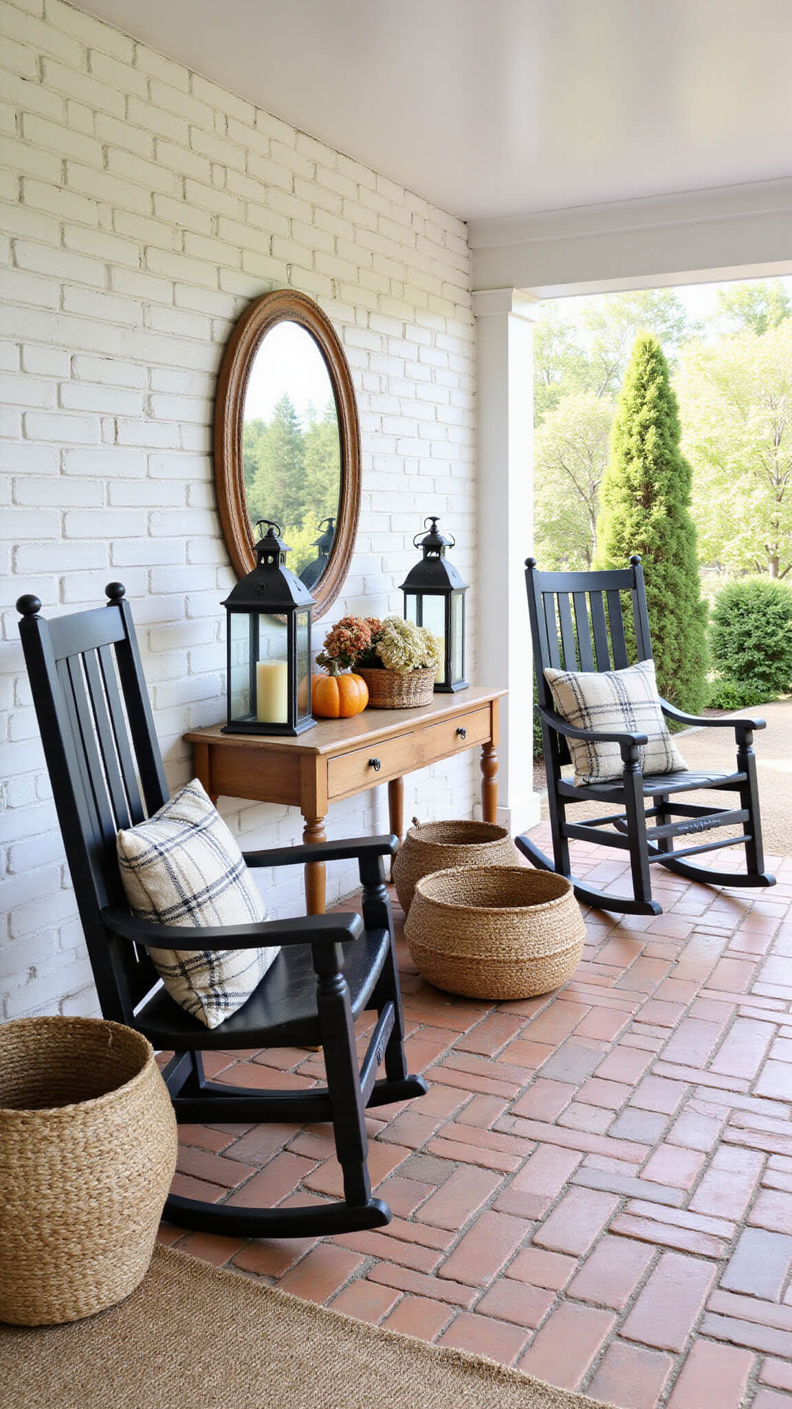 Welcoming covered porch with black rocking chairs, buffalo check pillows, copper lanterns, vintage console styled with fall decor, layered jute rug on terra cotta tiles, viewed from garden.