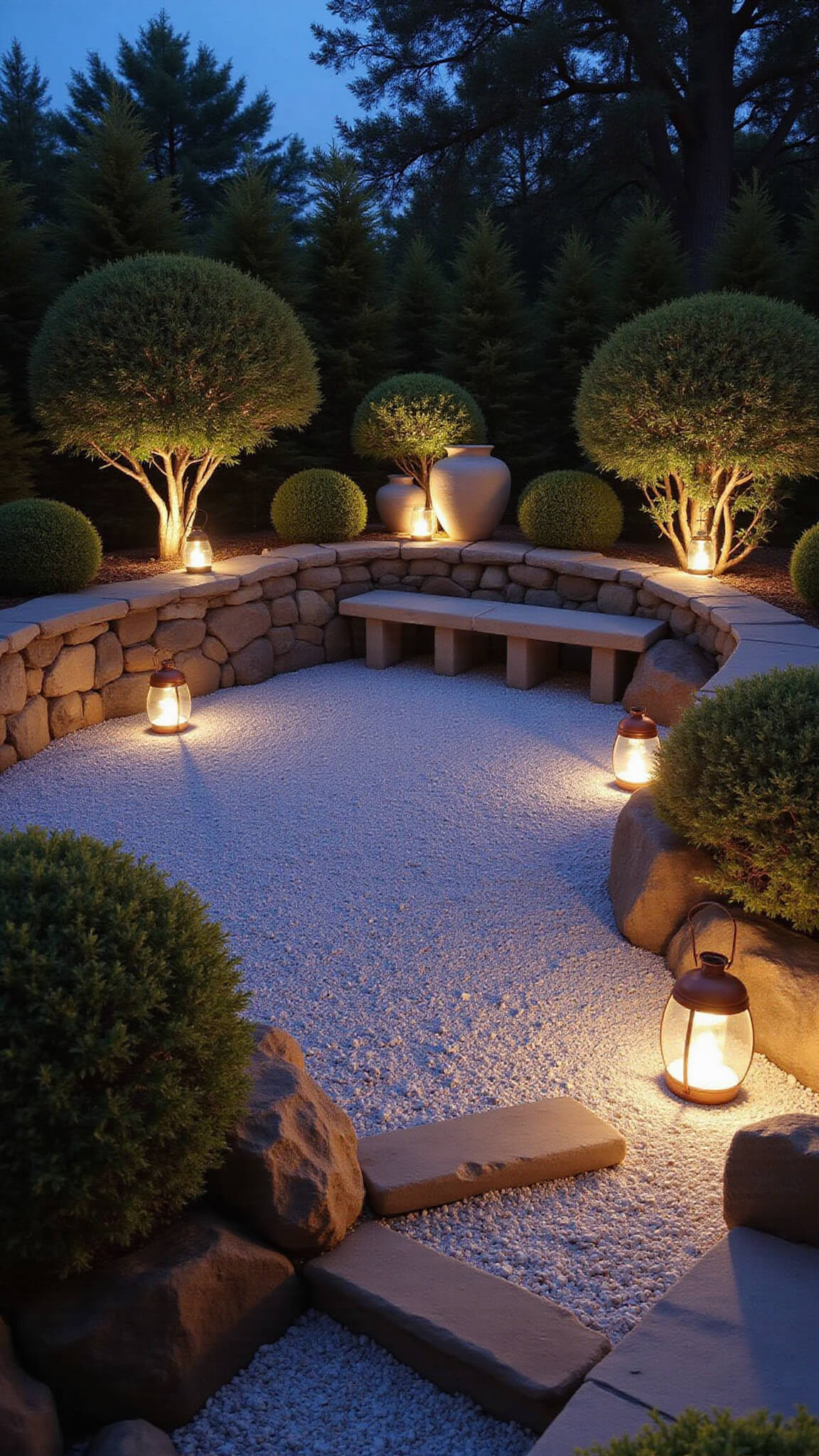 Twilight view of a serene 12x20ft meditation corner with copper lanterns, raked white gravel, a stone bench, ceramic vessels, cloud-form juniper, and a natural stone retaining wall.