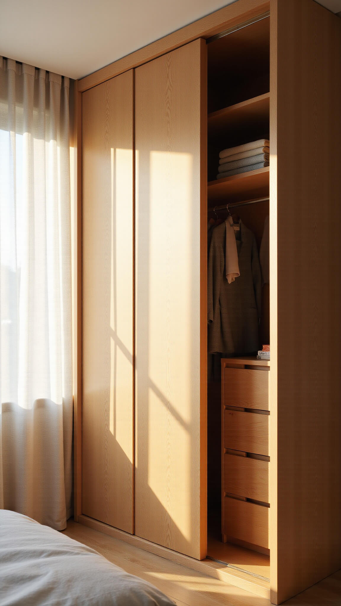 Minimalist Japandi bedroom with white oak built-in wardrobe and soft golden hour lighting streaming through sheer linen curtains.