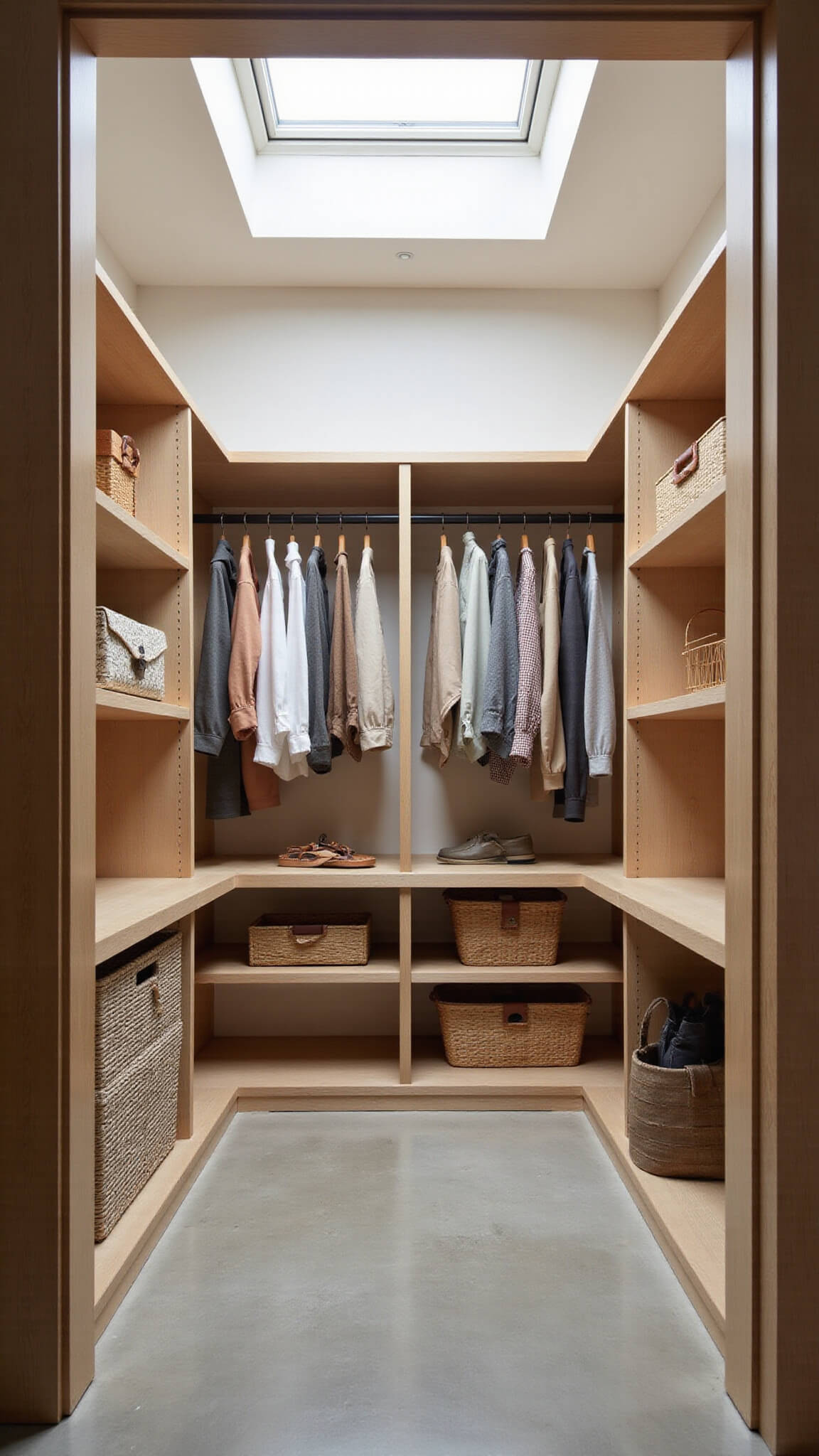 Symmetrical Japandi walk-in closet with white oak shelves, earth-toned clothing, bamboo baskets, and soft skylight on polished concrete floor.