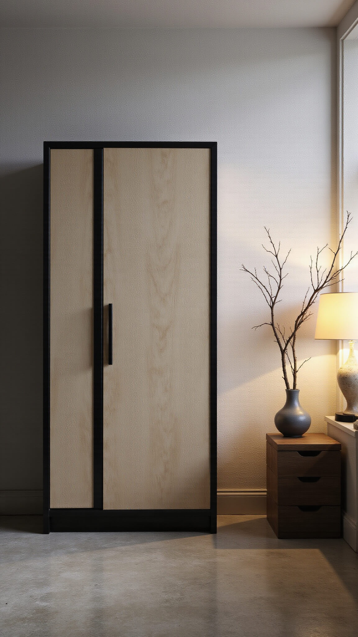 Japandi-style master bedroom at dusk with bleached oak armoire and ceramic vase casting shadows, lit by warm table lamp.