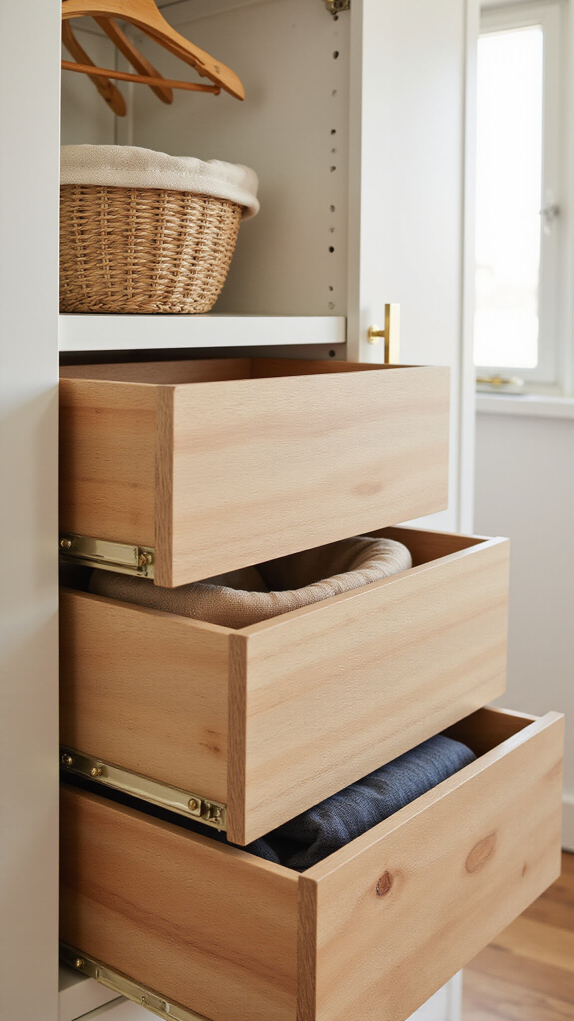 Close-up of Japandi wardrobe with handcrafted wood dividers, woven boxes, brass hardware, linen bags, and bamboo hangers in soft natural light.