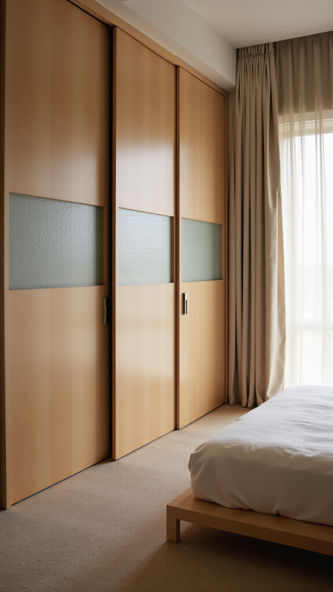 Wide-angle view of serene Japandi-style primary suite with bleached maple wardrobes, shoji sliding doors, and minimal platform bed bathed in early morning light.