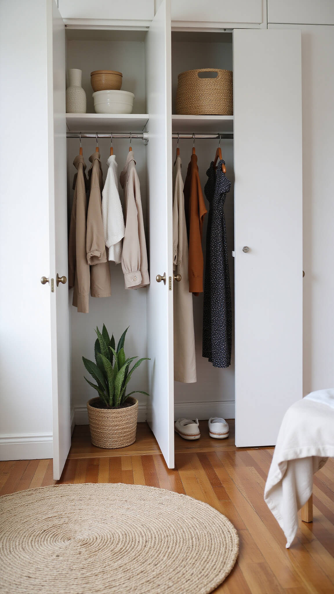 Japandi wardrobe with open doors showing neutral-toned clothes, handwoven baskets, ceramics, and a potted monstera, lit by soft afternoon light.