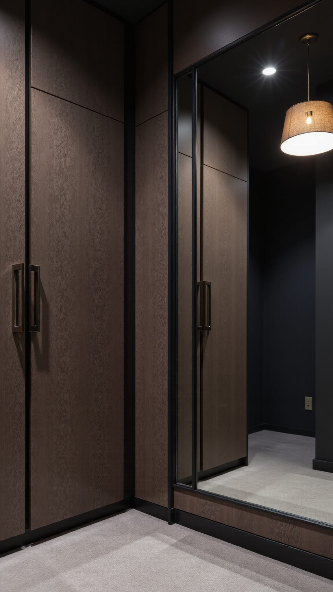 Twilight-lit 8x10ft dressing area with black-stained oak Japandi wardrobes, LED accent lighting, brass hardware, large mirror, and modern pendant lamp.