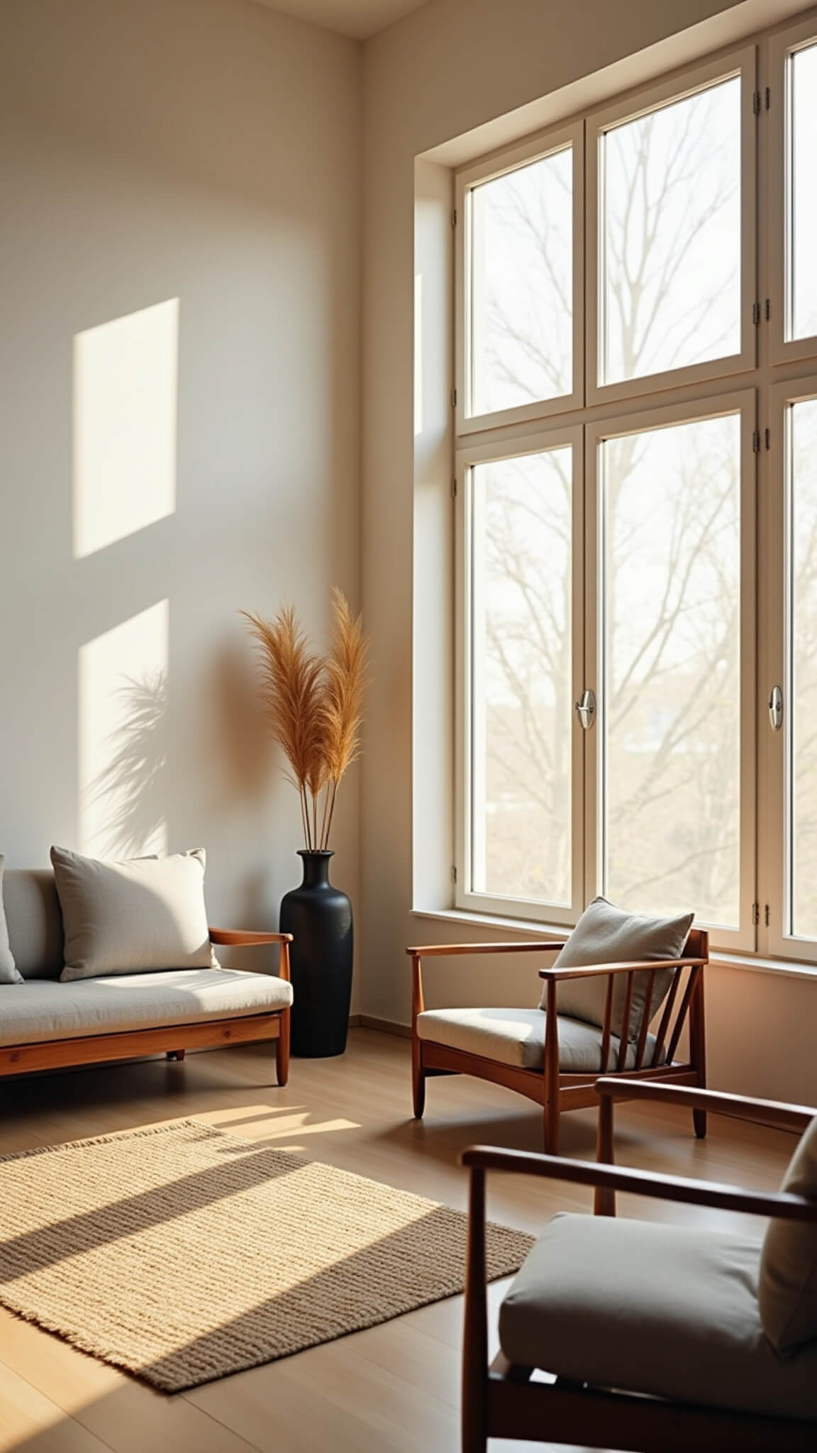 Japandi-style living room with walnut sofa, teak armchairs, jute rug, and pampas grass vase bathed in golden hour light.