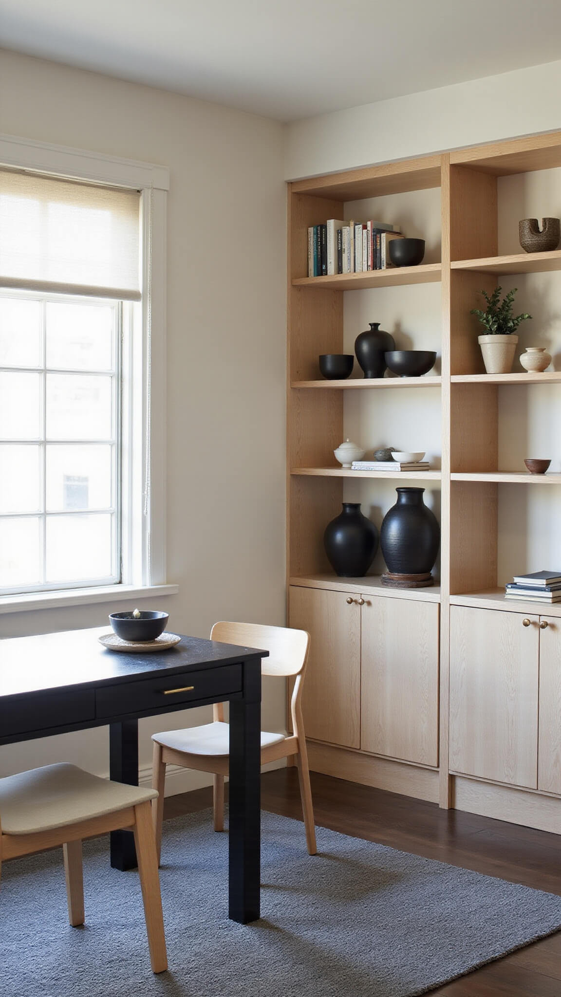 Elevated view of a serene 10x12ft Japandi home office with minimalist black oak desk, sculptural wooden chair, pale ash shelving with ceramics and books, charcoal wool rug, and diffused morning light through rice paper screens.