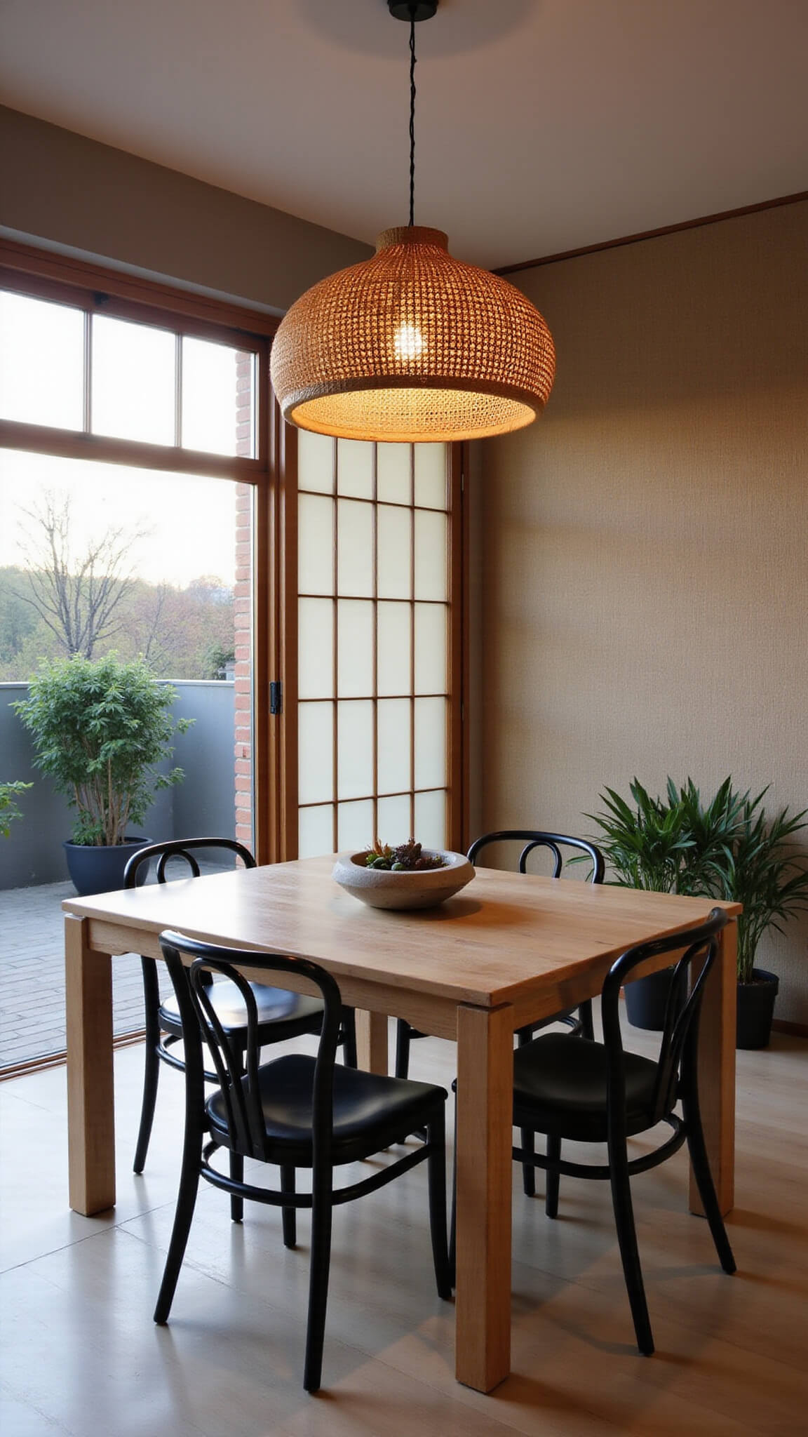 Japandi dining room at dusk with wooden table, black bentwood chairs, rattan pendant light, shoji screens, pale oak floor, grass cloth wall, and ikebana centerpiece.