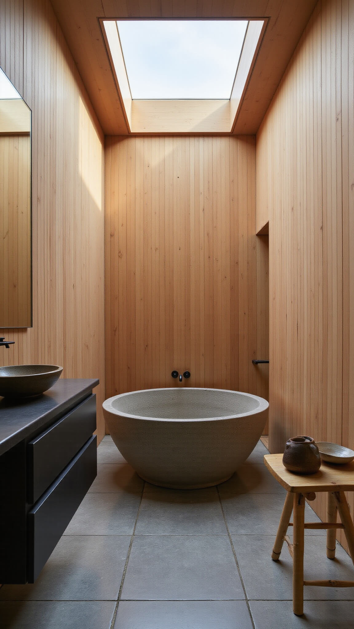 Japandi-style bathroom with stone soaking tub, cedar plank walls, blackened oak vanity, and soft natural light from skylight.