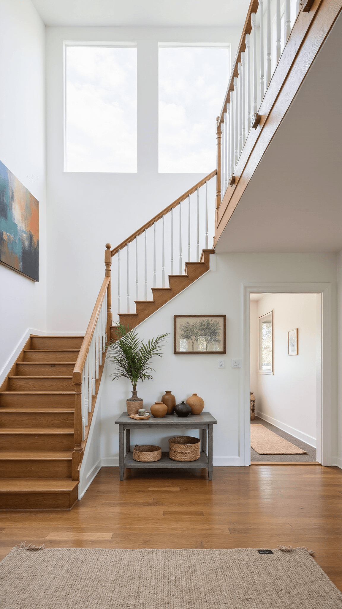 Double-height entrance hall with floating oak staircase, abstract earth-toned canvas, vintage console with pottery, and warm afternoon light through clerestory windows.