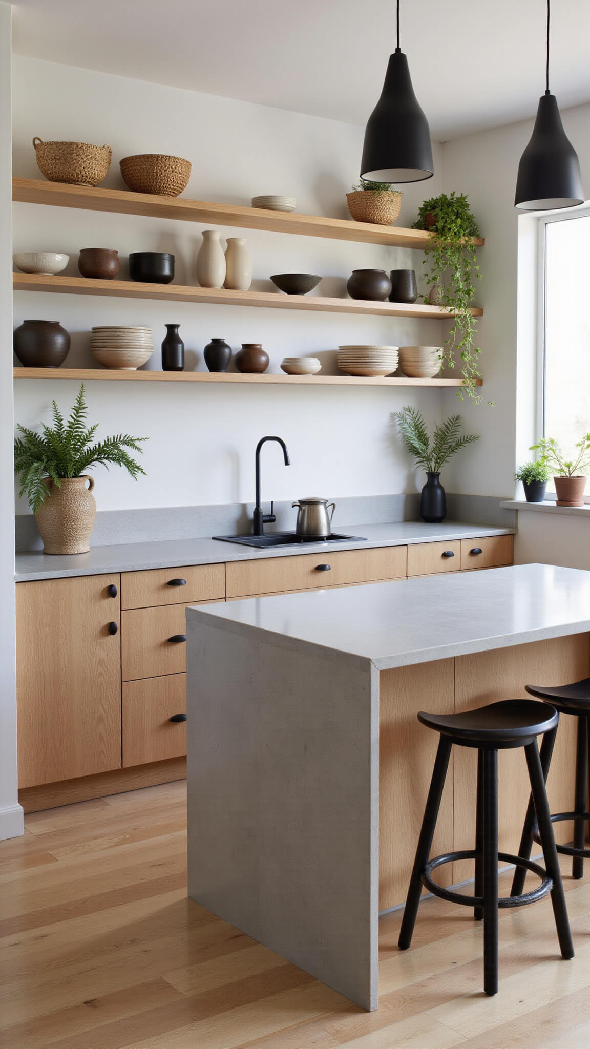 Japandi-style kitchen with pale oak cabinets, concrete countertops, black metal stools, and earthy ceramic decor in morning light.