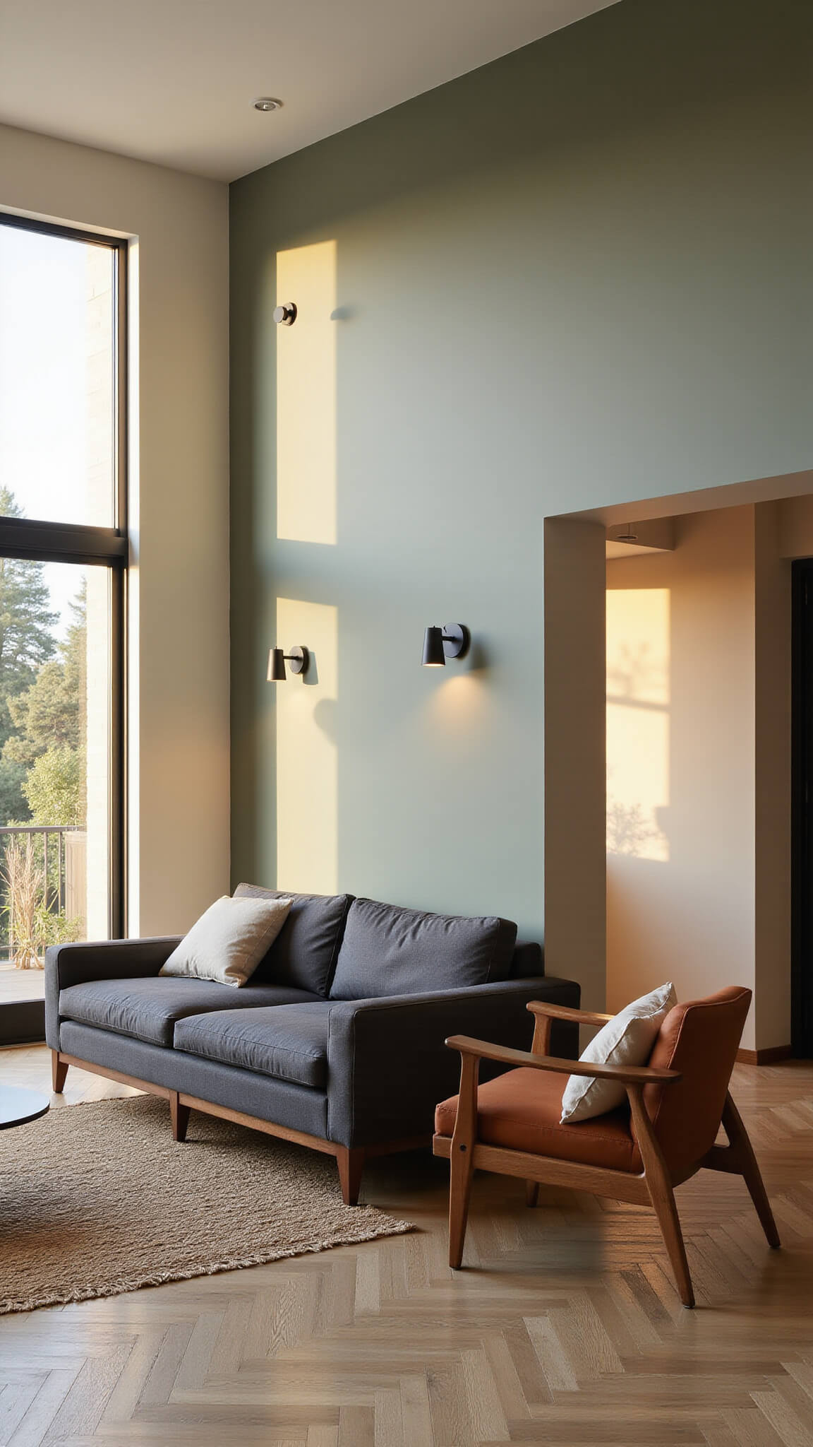 Japandi-style living room with golden hour light filtering through west-facing windows onto herringbone wood floors, featuring a charcoal sofa, walnut armchairs, sage green accent wall, and natural textured decor.