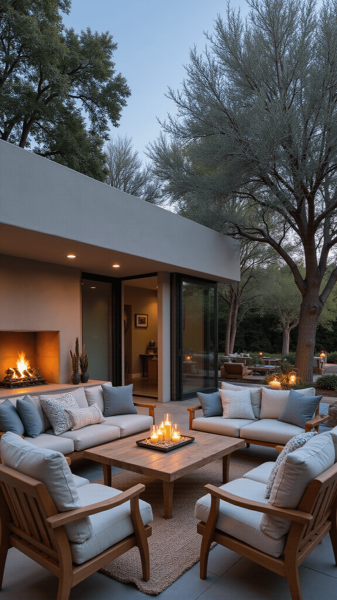 Indoor-outdoor living space at dusk with retractable glass walls, modern concrete fireplace, weathered teak furniture, uplighted olive trees, and cozy styling elements.