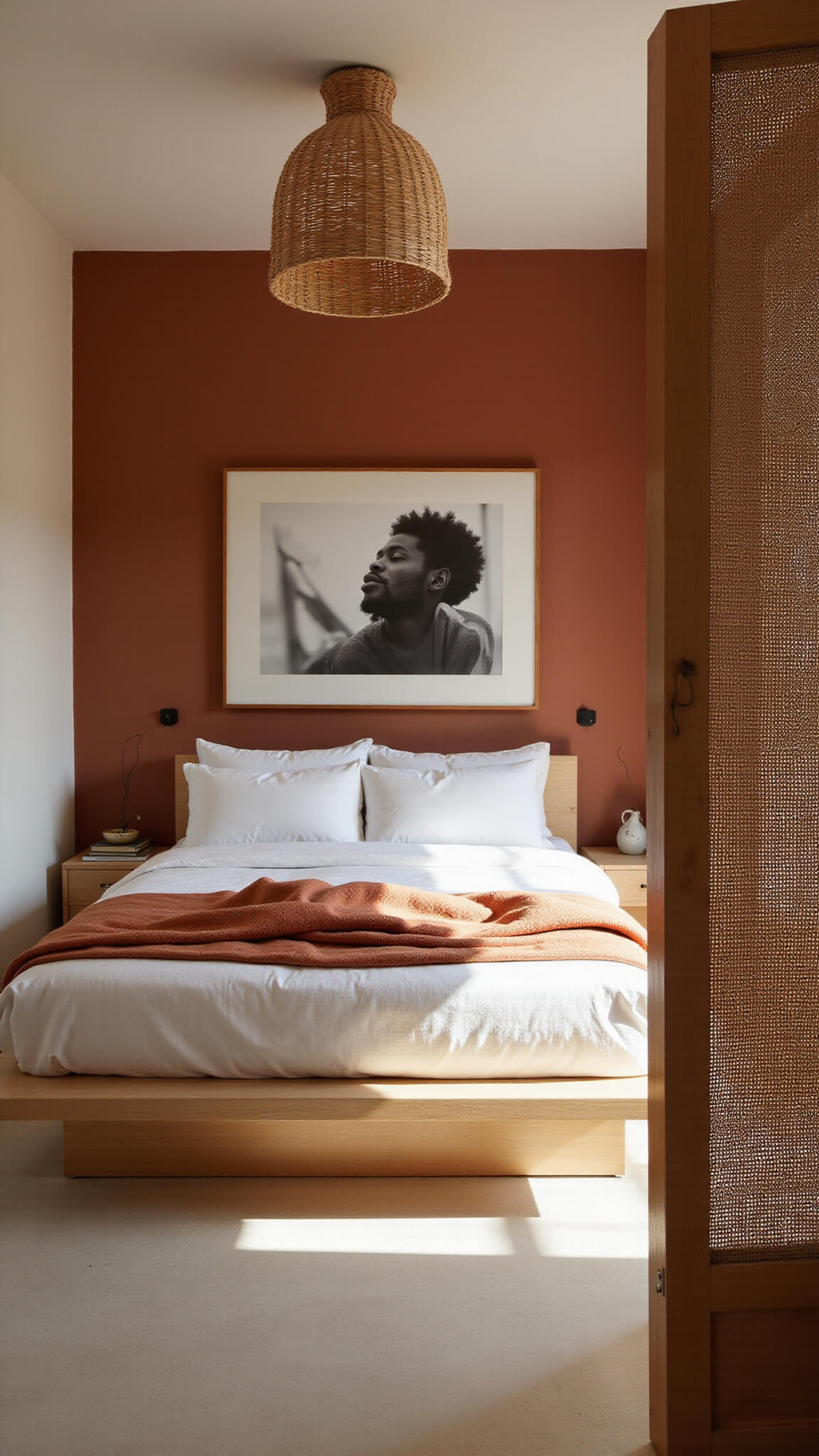 Minimalist Japandi bedroom with bleached oak platform bed, clay accent wall, bamboo pendant light, and soft morning light filtering through rattan screen.