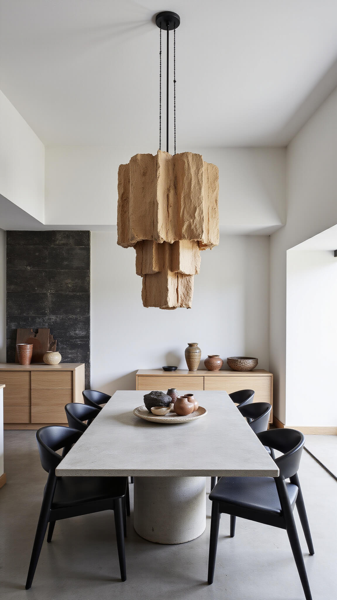 Modern Japandi dining room with concrete table, black ash chairs, paper pendant lights, whitewashed walls, charred wood accent, and minimalist decor.