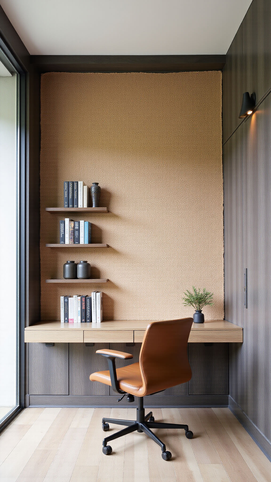 Japandi-style home office with smoked oak built-in desk, leather ergonomic chair, grass wall covering, and floor-to-ceiling windows.