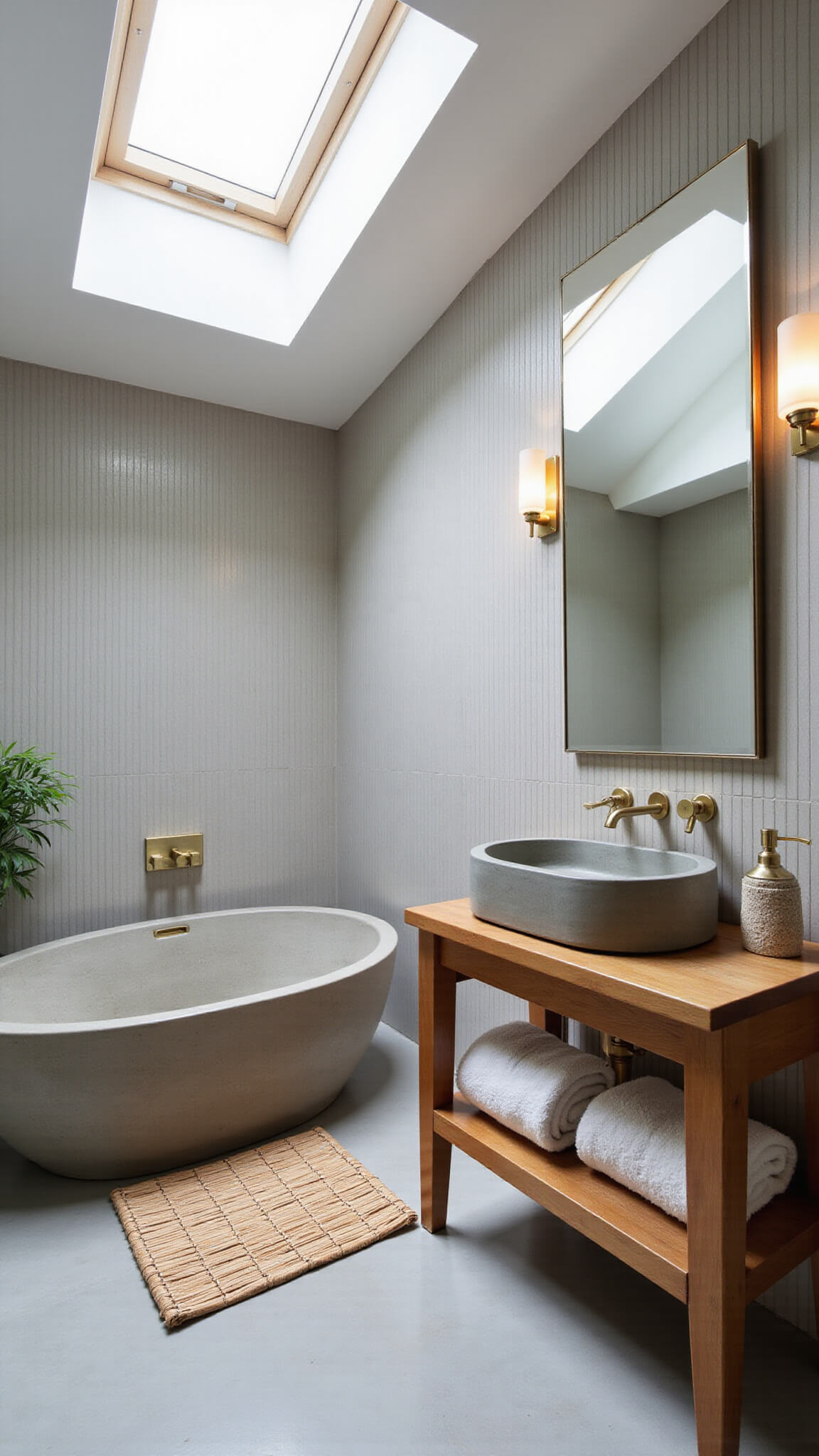 Japandi-style bathroom with stone soaking tub, teak floating vanity, skylight, and serene natural elements.