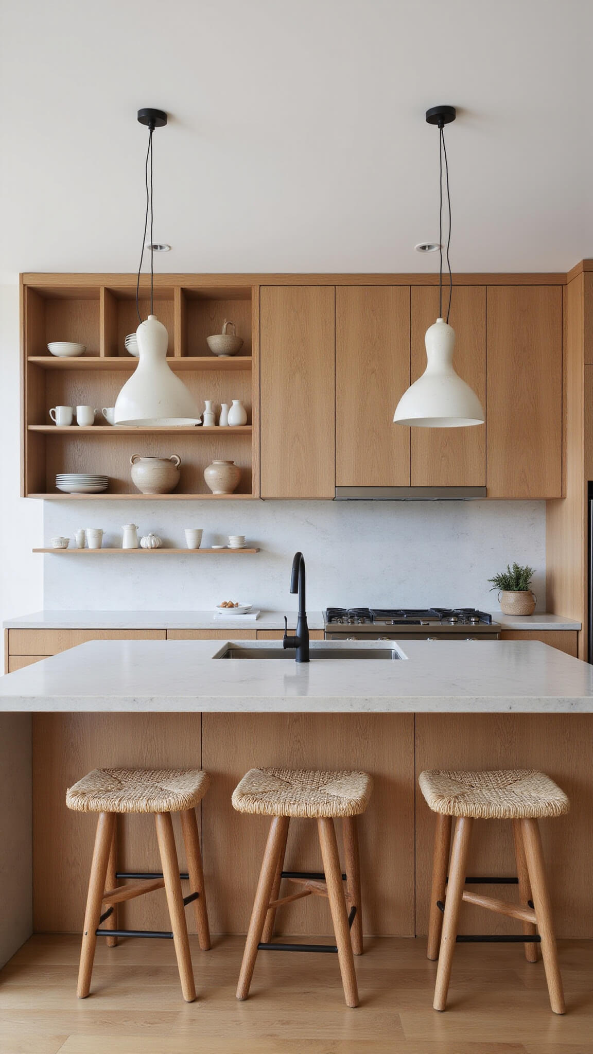 Elevated view of a 16x20ft open concept Japandi kitchen with warm grey oak flat-panel cabinets, honed limestone waterfall island, organic ceramic pendant lights, open shelving with artisanal pottery, and woven bar stools.