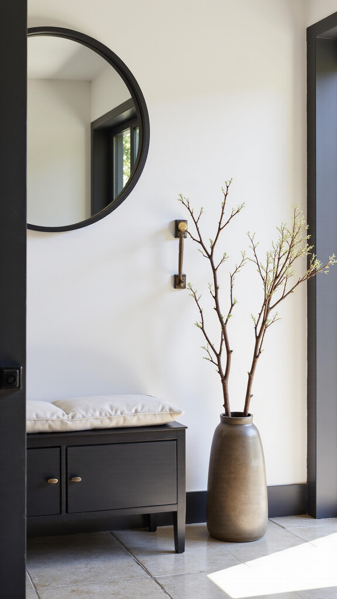 Japandi entryway with blackened ash bench, linen cushion, round mirror, ceramic umbrella stand, brass hooks, geometric cement tiles, and ikebana arrangement in soft morning light.