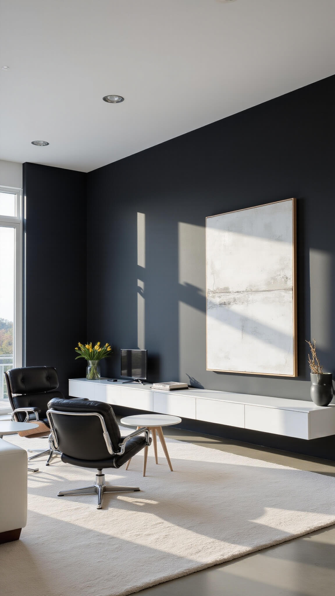Modern minimalist living room with white leather sectional, black accent wall, Barcelona chairs, and abstract art, bathed in afternoon sunlight through tall windows.