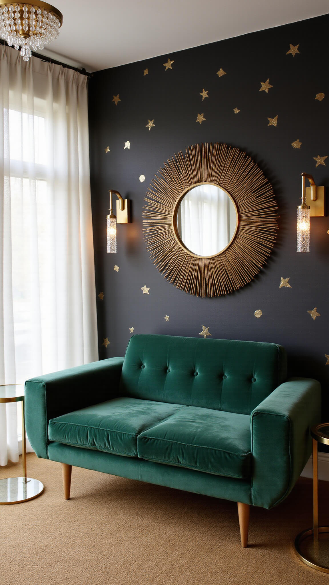 Contemporary chic lounge with emerald green velvet sofa, black accent wall with gold decals, sunburst mirror, and crystal pendant lights bathed in golden hour light.