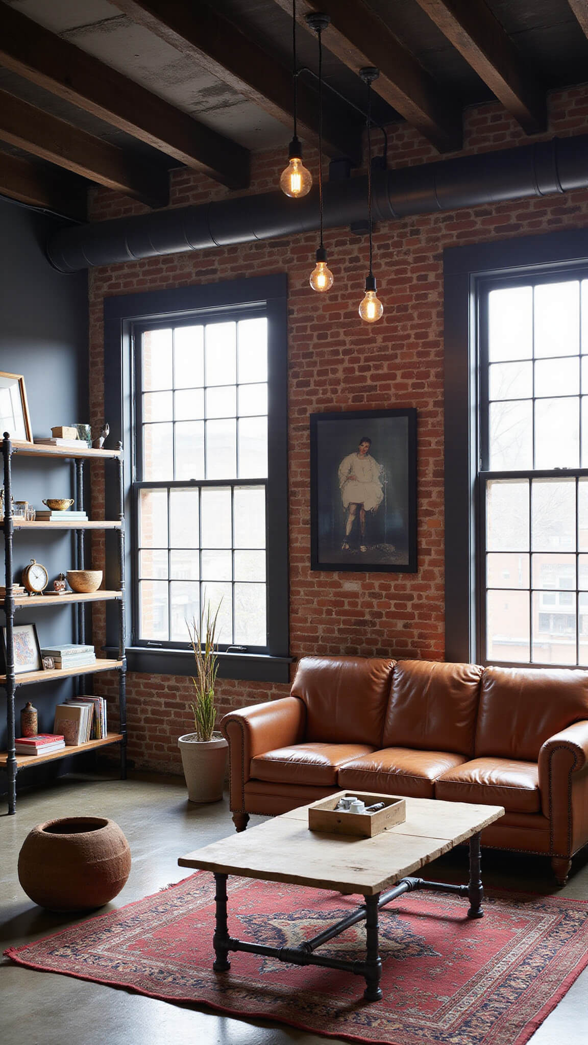 Industrial loft with matte black brick walls, cognac leather Chesterfield sofa, reclaimed wood coffee table on Persian rug, iron pipe shelving, and Edison bulb chandelier under exposed beams.