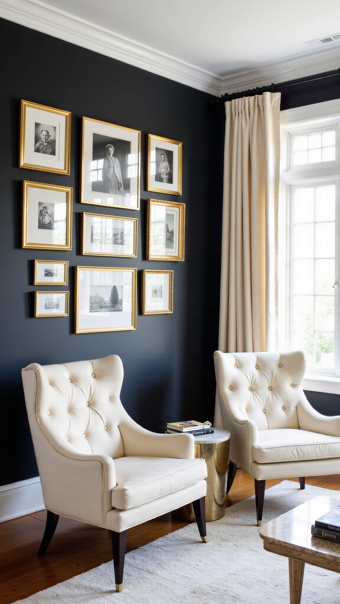 Luxe modern living room with black gallery wall featuring gold-framed vintage art, cream bouclé armchairs, and brass-marble coffee table.