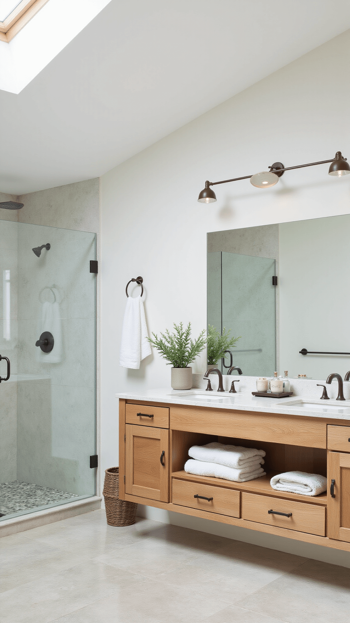 Spa-inspired primary bathroom with floating bleached oak double vanity, oversized glass shower, and skylight, styled with organic towels, ceramic accents, and eucalyptus bundles.
